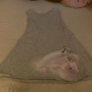 This is a gray dress with a unicorn on it brand is wonder nation and size large